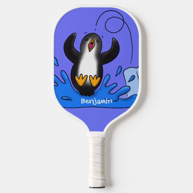Cute happy jumping penguin cartoon illustration  pickleball paddle (Front)
