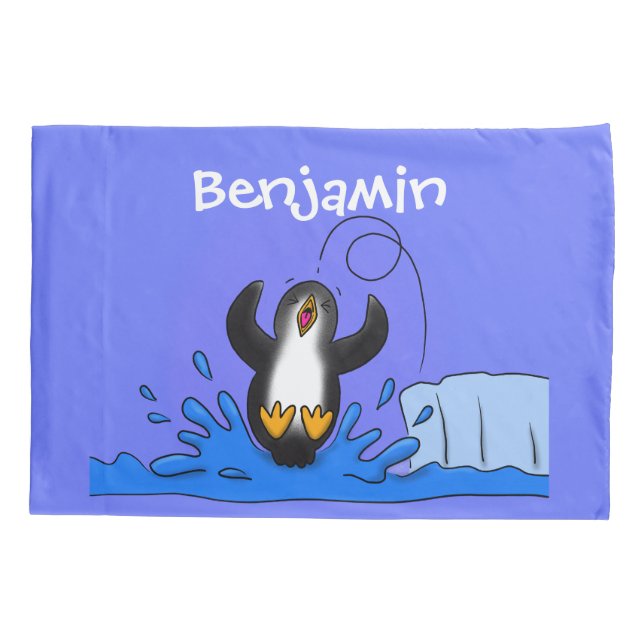 Cute happy jumping penguin cartoon illustration pillowcase (Back)