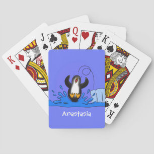 Cute happy jumping penguin cartoon illustration playing cards