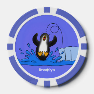 Cute happy jumping penguin cartoon illustration poker chips