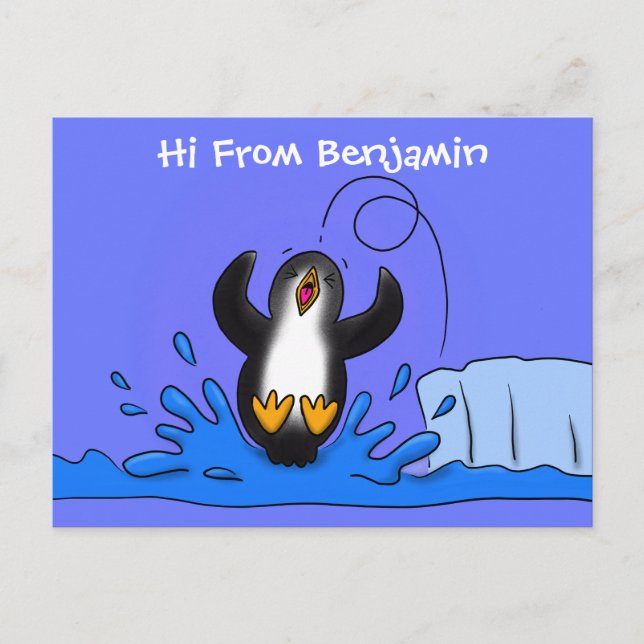 Cute happy jumping penguin cartoon illustration postcard (Front)