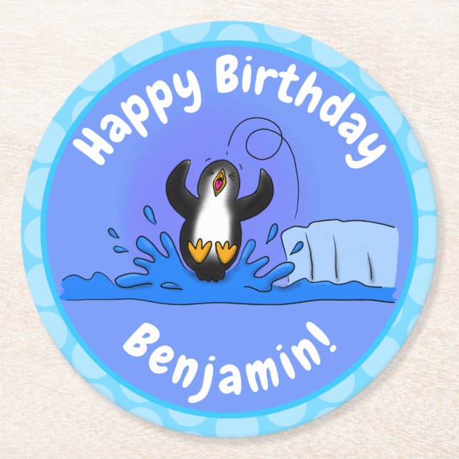 Cute happy jumping penguin cartoon illustration round paper coaster (Front)