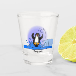 Cute happy jumping penguin cartoon illustration shot glass