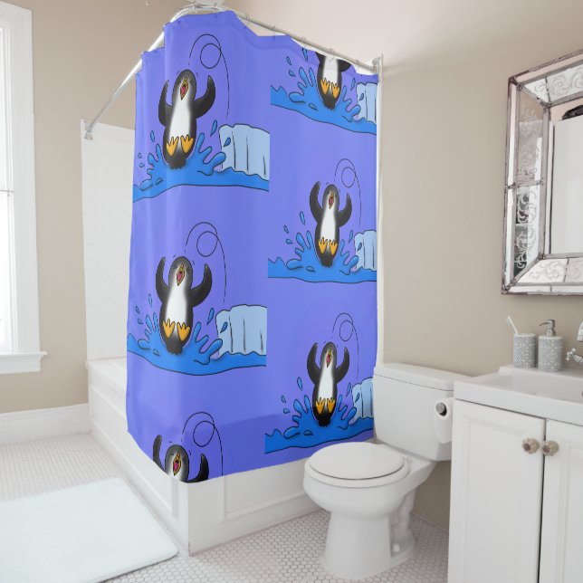 Cute happy jumping penguin cartoon illustration shower curtain (In Situ)