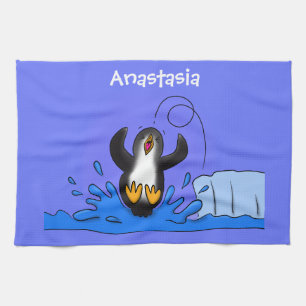 Cute happy jumping penguin cartoon illustration tea towel