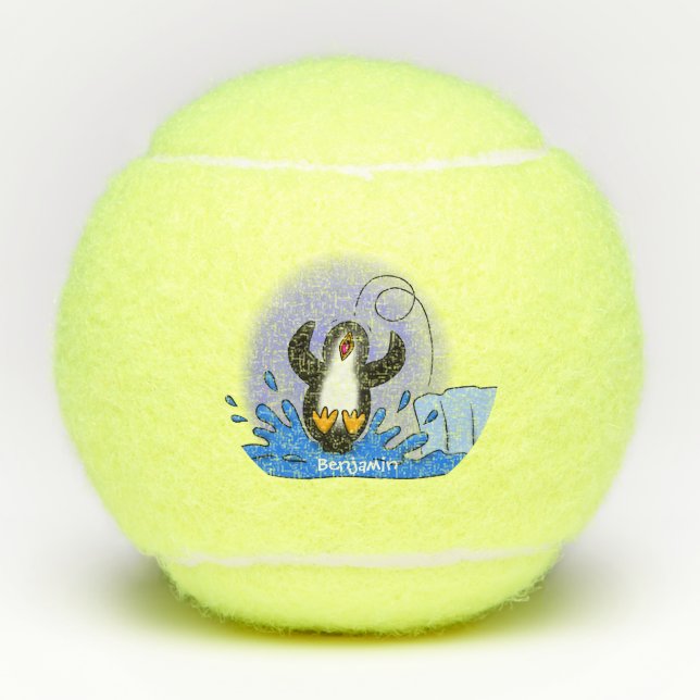 Cute happy jumping penguin cartoon illustration tennis balls (Front)
