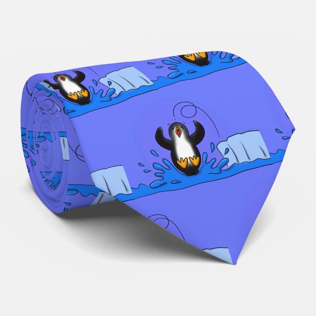 Cute happy jumping penguin cartoon illustration tie (Rolled)