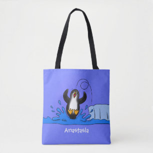Cute happy jumping penguin cartoon illustration tote bag