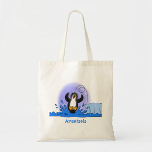 Cute happy jumping penguin cartoon illustration tote bag
