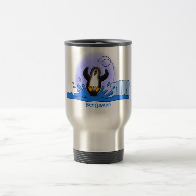 Cute happy jumping penguin cartoon illustration travel mug (Center)