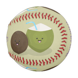 Cute happy kawaii coconuts cartoon illustration baseball