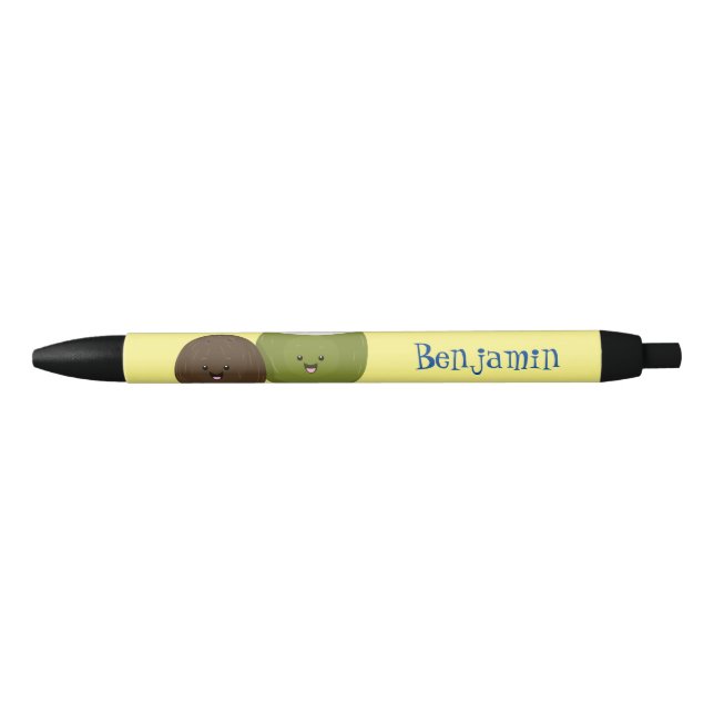 Cute happy kawaii coconuts cartoon illustration black ink pen (Front)