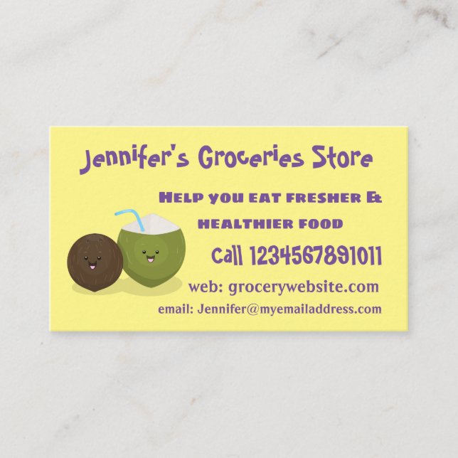 Cute happy kawaii coconuts cartoon illustration business card (Front)
