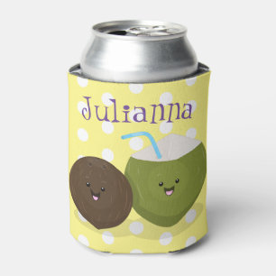 Cute happy kawaii coconuts cartoon illustration can cooler