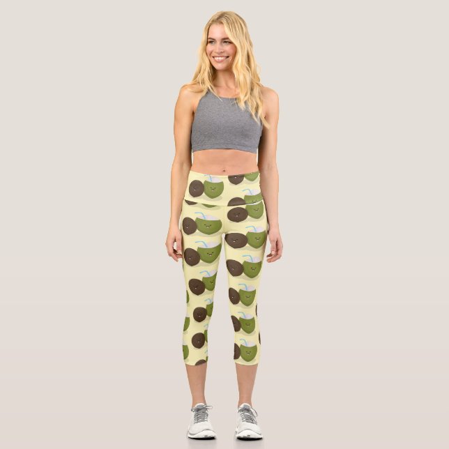 Cute happy kawaii coconuts cartoon illustration capri leggings (Front)