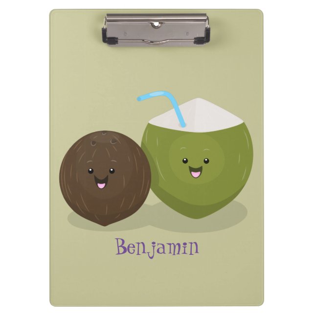 Cute happy kawaii coconuts cartoon illustration clipboard (Front)