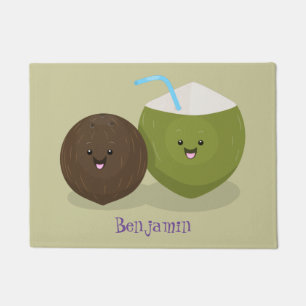 Cute happy kawaii coconuts cartoon illustration doormat