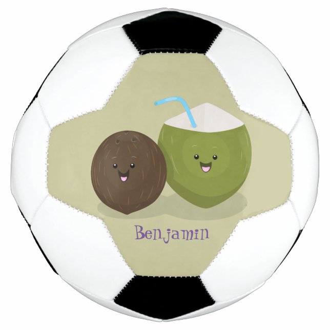 Cute happy kawaii coconuts cartoon illustration football (Front)