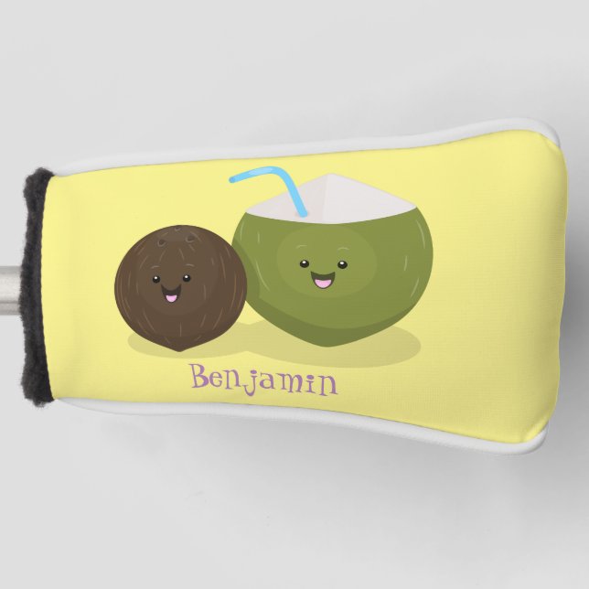 Cute happy kawaii coconuts cartoon illustration golf head cover (Front)
