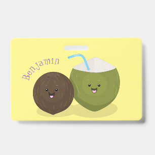 Cute happy kawaii coconuts cartoon illustration ID badge