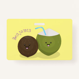 Cute happy kawaii coconuts cartoon illustration ID badge