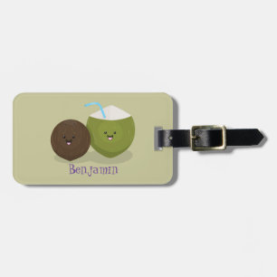 Cute happy kawaii coconuts cartoon illustration luggage tag