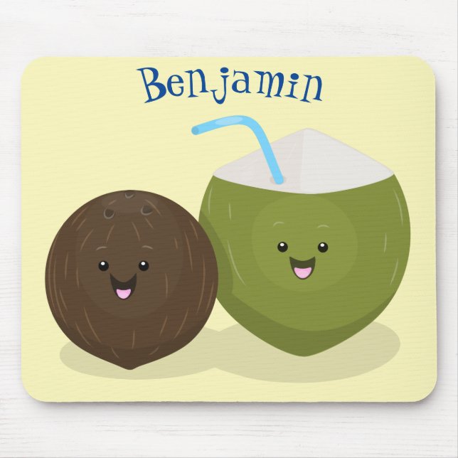 Cute happy kawaii coconuts cartoon illustration mouse mat (Front)
