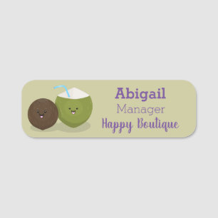Cute happy kawaii coconuts cartoon illustration name tag