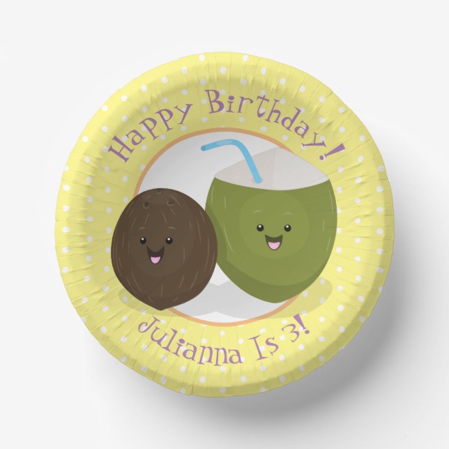 Cute happy kawaii coconuts cartoon illustration paper plate (Front)