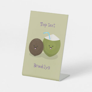 Cute happy kawaii coconuts cartoon illustration pedestal sign