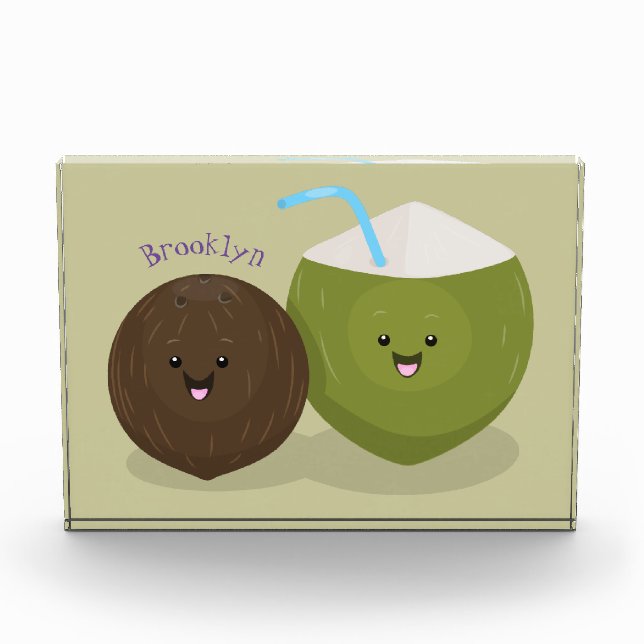Cute happy kawaii coconuts cartoon illustration photo block (Front)