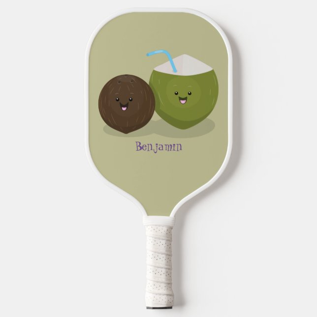Cute happy kawaii coconuts cartoon illustration pickleball paddle (Front)