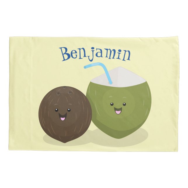 Cute happy kawaii coconuts cartoon illustration pillowcase (Back)