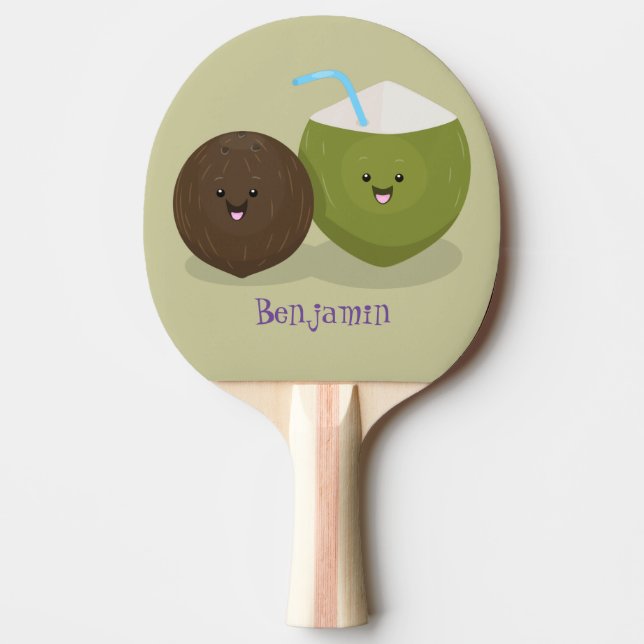 Cute happy kawaii coconuts cartoon illustration ping pong paddle (Front)