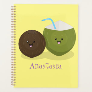 Cute happy kawaii coconuts cartoon illustration planner