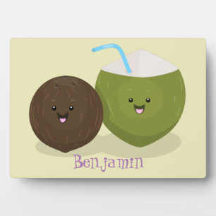 Cute happy kawaii coconuts cartoon illustration plaque