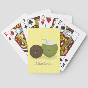 Cute happy kawaii coconuts cartoon illustration playing cards
