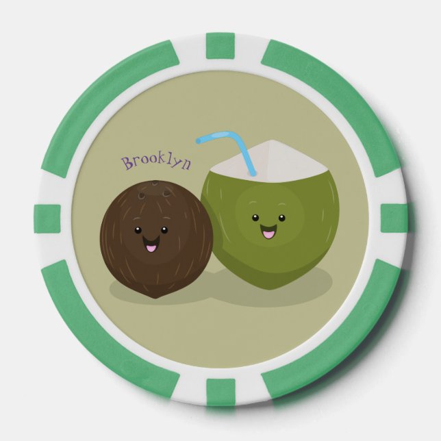 Cute happy kawaii coconuts cartoon illustration poker chips (Front)