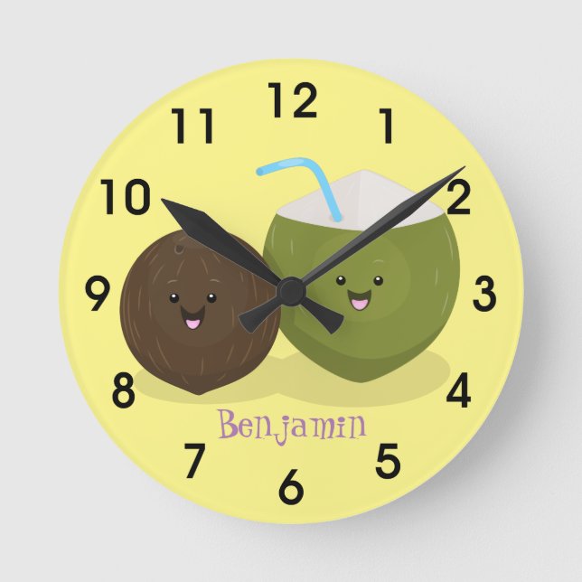 Cute happy kawaii coconuts cartoon illustration round clock (Front)