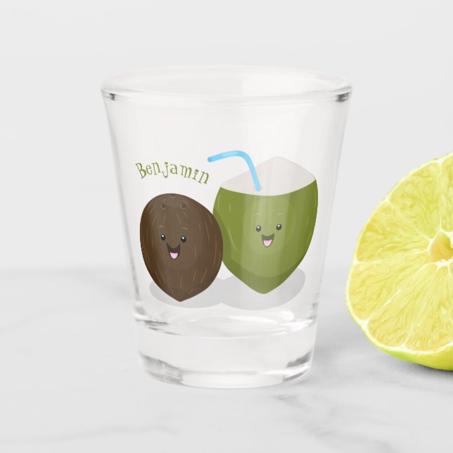 Cute happy kawaii coconuts cartoon illustration shot glass (Front)