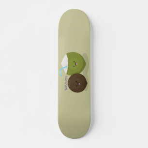 Cute happy kawaii coconuts cartoon illustration skateboard