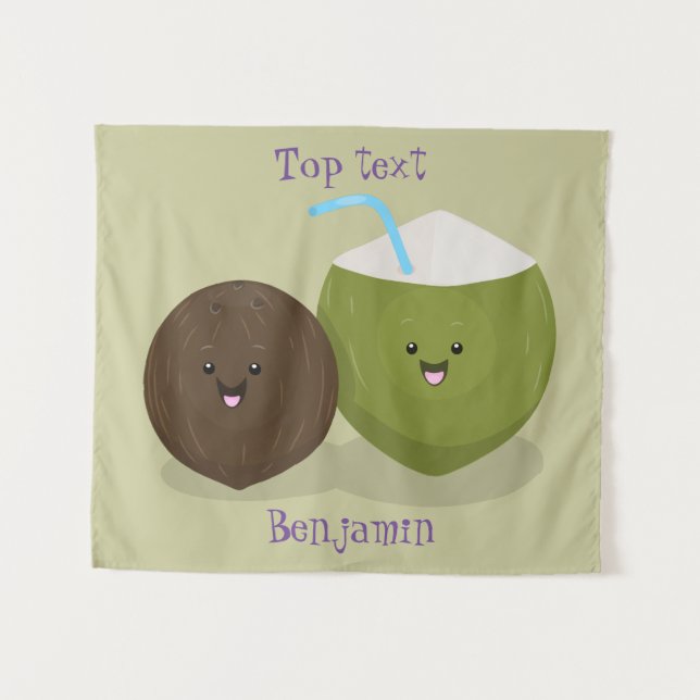 Cute happy kawaii coconuts cartoon illustration  tapestry (Front (Horizontal))