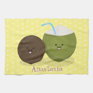 Cute happy kawaii coconuts cartoon illustration tea towel