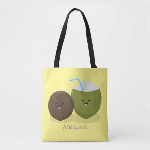 Cute happy kawaii coconuts cartoon illustration tote bag