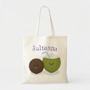 Cute happy kawaii coconuts cartoon illustration tote bag