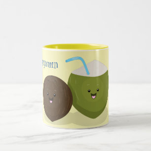 Cute happy kawaii coconuts cartoon illustration Two-Tone coffee mug