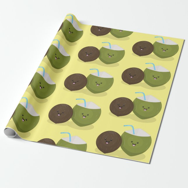 Cute happy kawaii coconuts cartoon illustration wrapping paper (Unrolled)