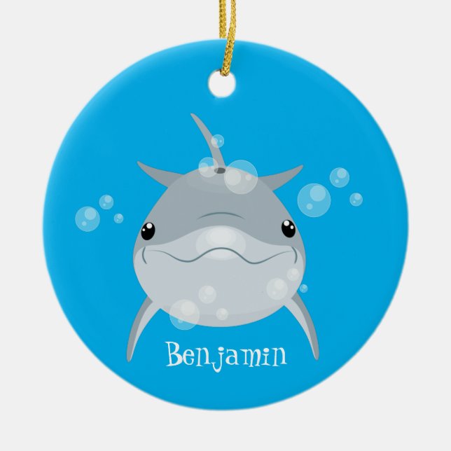 Cute happy kawaii dolphin cartoon ceramic tree decoration (Front)