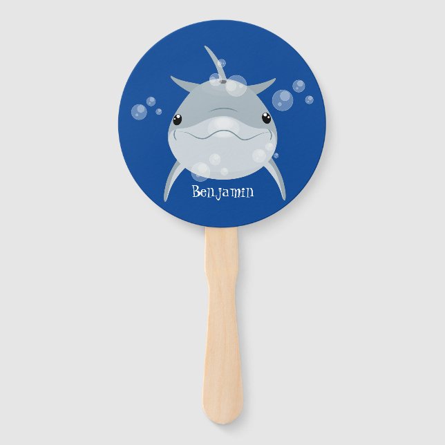 Cute happy kawaii dolphin cartoon hand fan (Front)