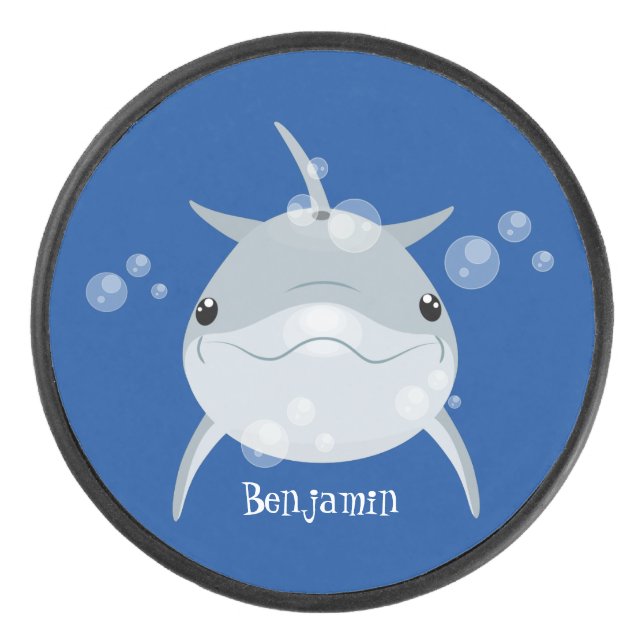 Cute happy kawaii dolphin cartoon hockey puck (Front)